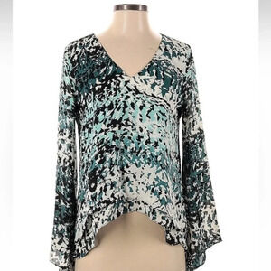 Parker Teal & Cream 100% Silk Layered Long Sleeve Blouse Top Size XS